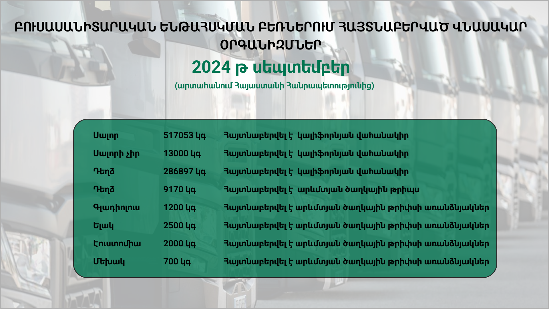 ԲՈՒՍԱՍԱՆԻՏԱՐԱԿԱՆ ԵՆԹԱՀՍԿՄԱՆ ԲԵՌՆԵՐՈՒՄ ՀԱՅՏՆԱԲԵՐՎԱԾ ՎՆԱՍԱԿԱՐ ՕՐԳԱՆԻԶՄՆԵՐ (2024 թ․ սեպտեմբեր)